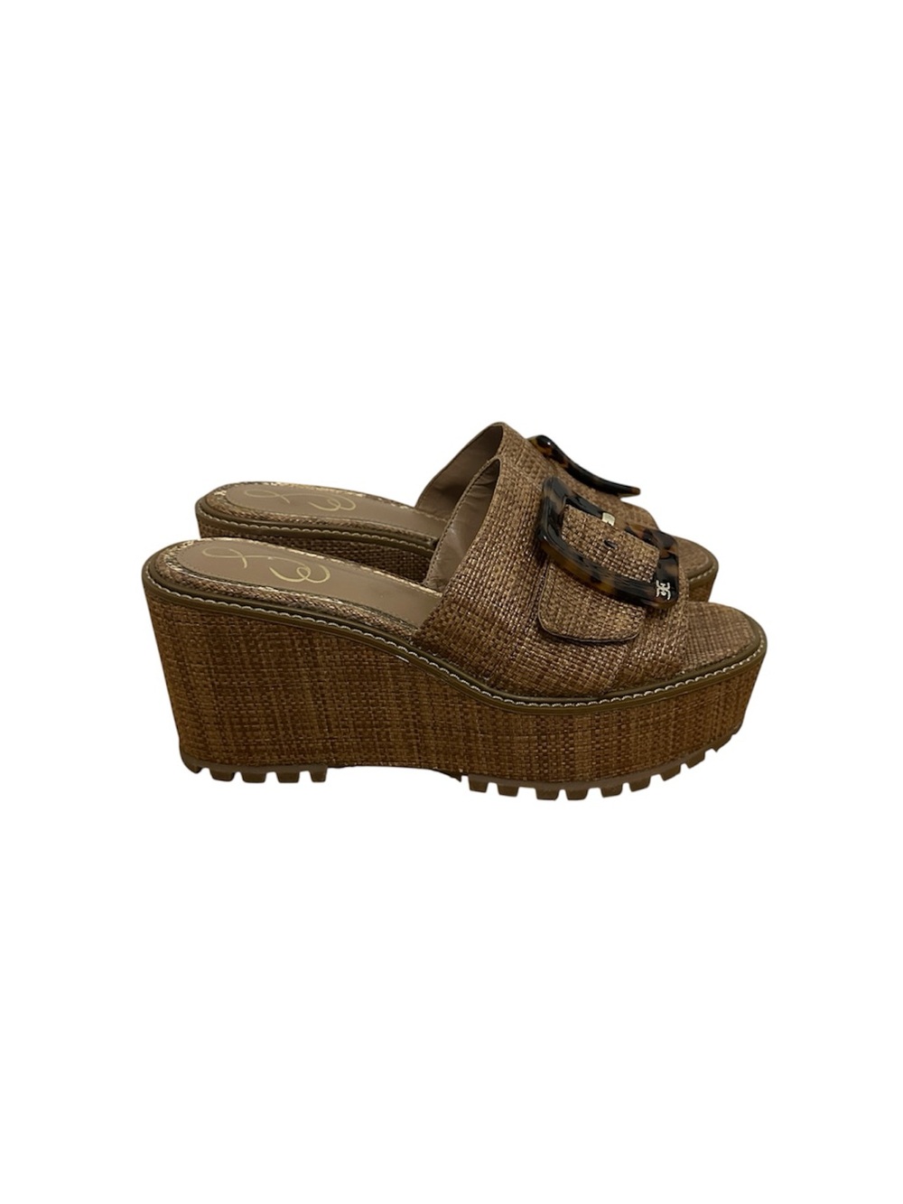 Sam Edelman Dark Natural Raffia Platform Wedge Espadrille Slide Sandals SZ 9.5